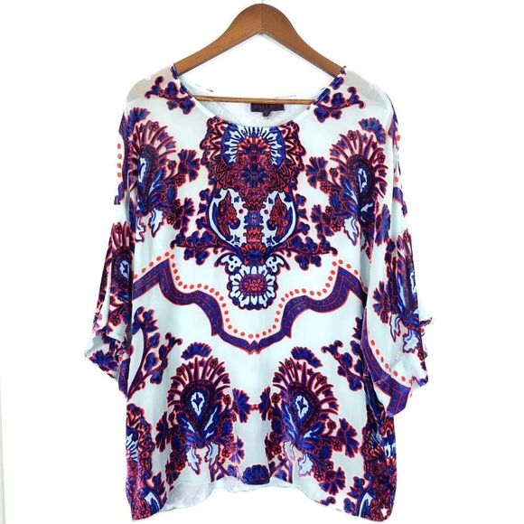 Hale Bob Silk Chiffon Velvet Burnout Blue Orange Kimono Tunic Top Size Small - Picture 5 of 8